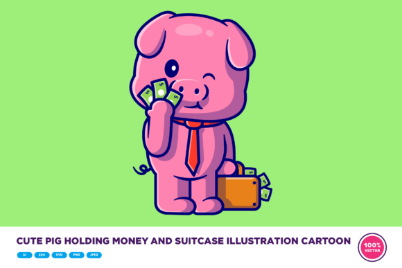 Cute Pig Holding Money and Suitcase